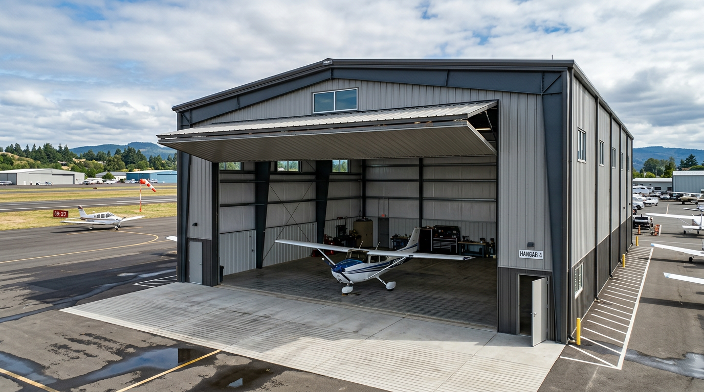 Steel aircraft hangar with bi-fold door open showing airplane inside