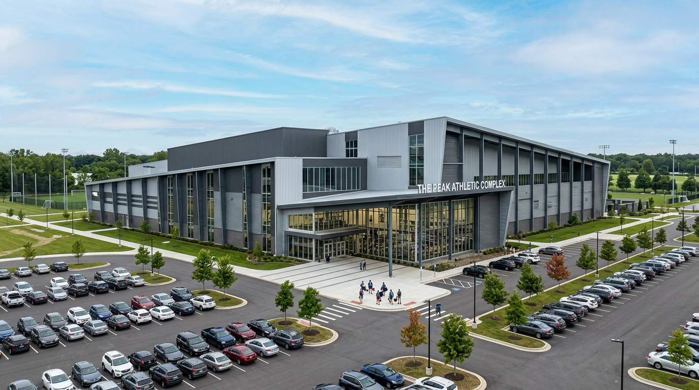 Large steel athletic facility building with modern design and high walls
