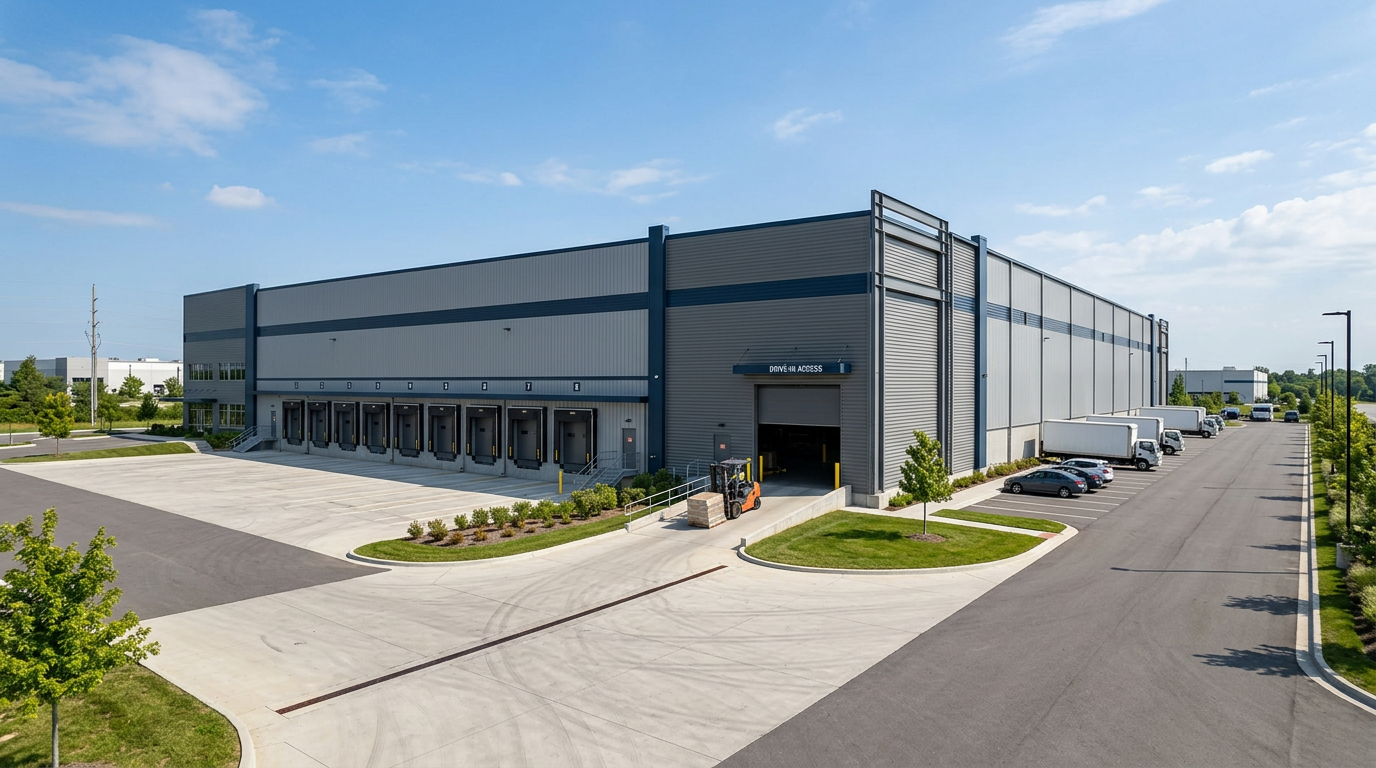Large steel warehouse building with dock-high loading doors and overhead doors